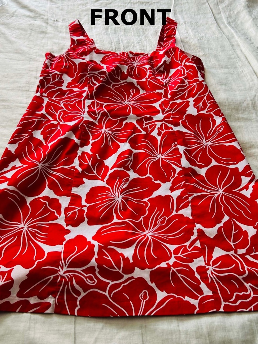 DRESS, PURE COTTON, RED & WHITE FLORAL, SIZE 15, UNLINED, SQUARE NECKLINE, SLEEV